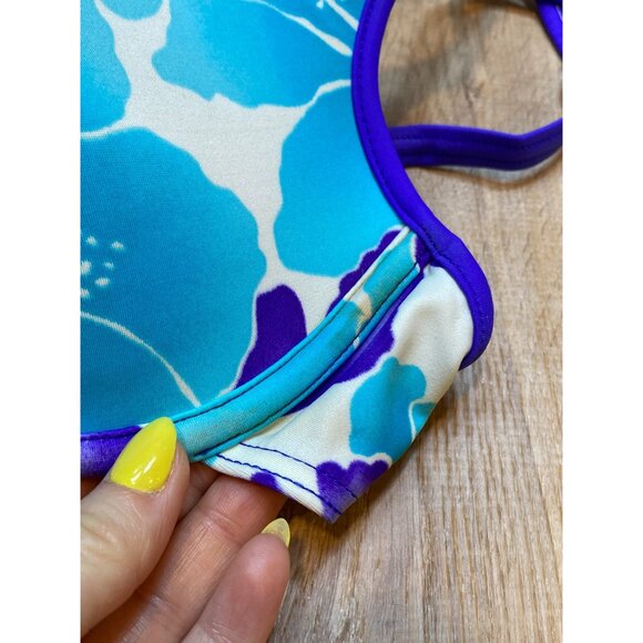 90s Blue Floral Print Bikini Set High Thigh Blue & White Underwire Padded Top Ad - Picture 7 of 8